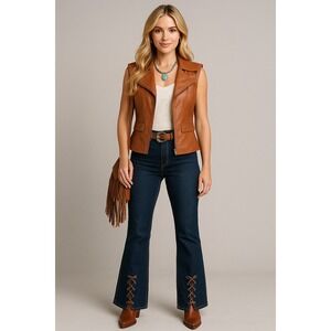 Pamela McCoy Vest Womens S Brown Biker Moto Leather Studded Coquette Western USA